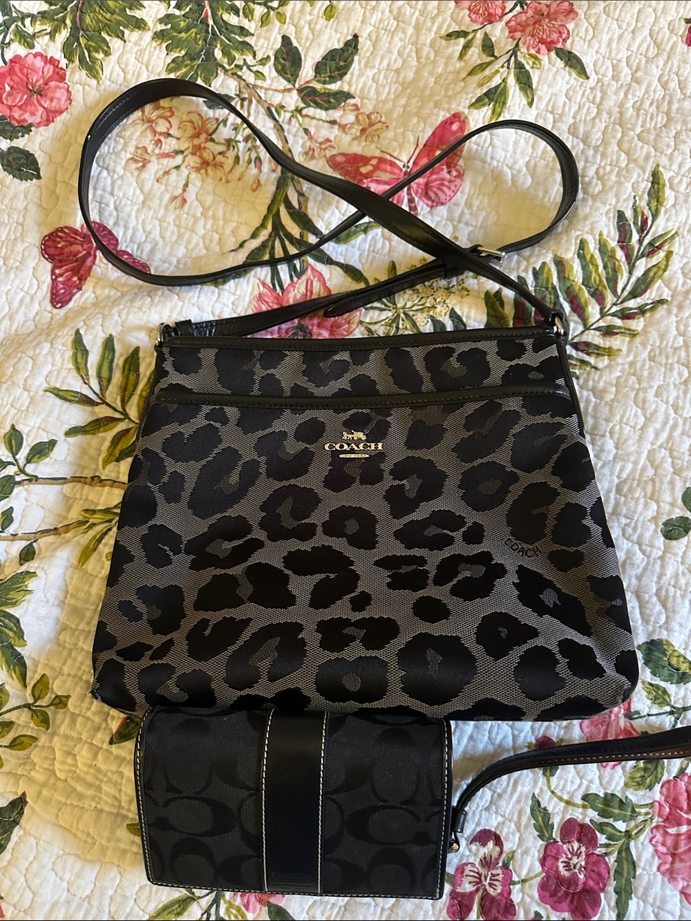 Coach Black and Gray Leopard-Print Crossbody Bag with black wallet.